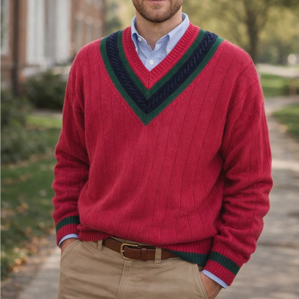 VINTAGE Varsity Red, Navy and Green V-Neck Sweater Size Medium Tennis Preppy